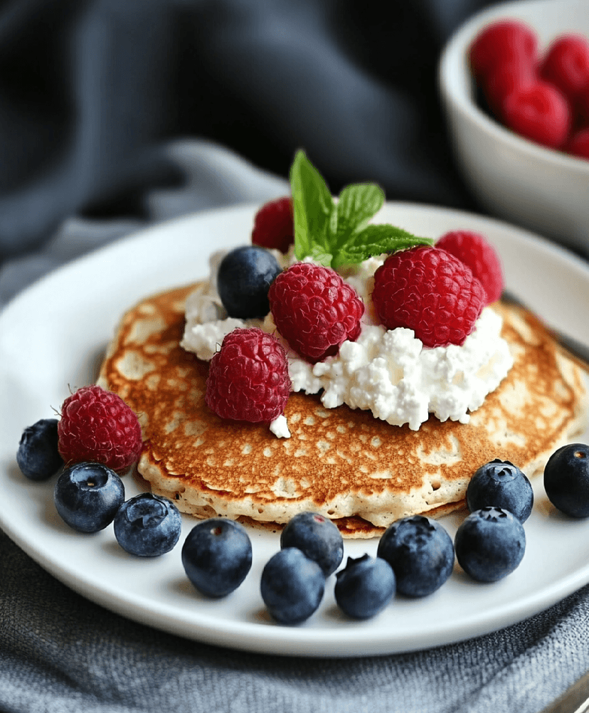 Oatmeal pancake with cottage cheese and berries
